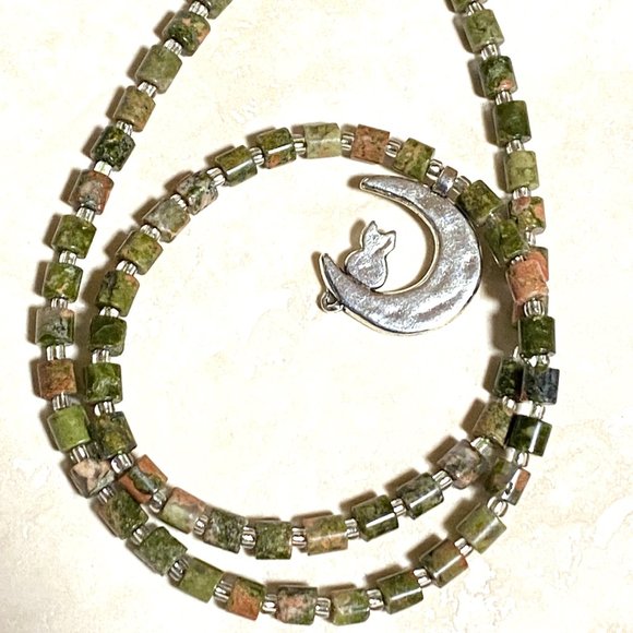 Unakite Stone Silver Cat on the Moon Necklace, Genuine Gemstone Beaded Necklace - Picture 6 of 10